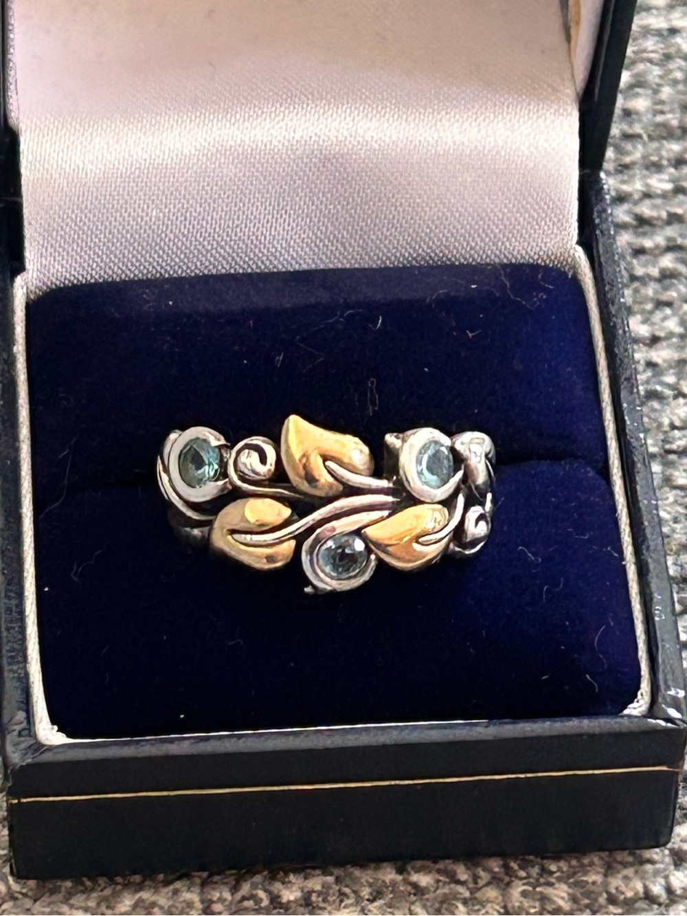 Barbara Bixby blue topaz sterling silver 18k vine leaf ring size 9